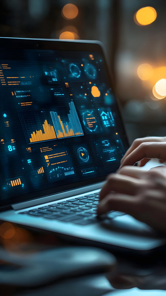 Financial Data Analysis Illustration: Laptop Displaying Charts, Graphs, and Business Intelligence Insights